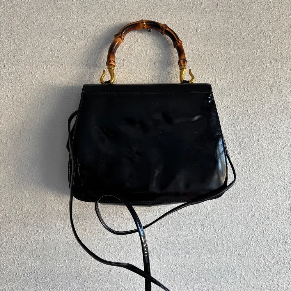 Susan Gail Vintage 1960s Black Patent Leather Bamboo Handle Purse - Picture 3 of 12